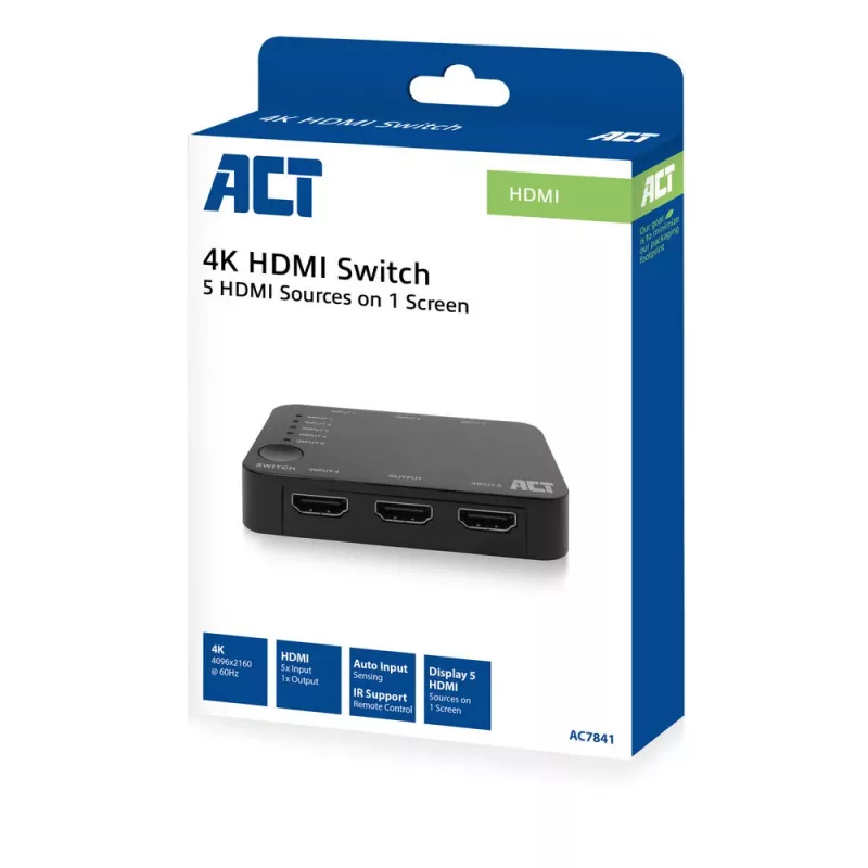 Switch HDMI ACT 4K 5 entradas, 1 salida, HDMI, negro, 2160p, 18 Gbit/s, 4096 x 2160 píxeles, 4K Ultra HD