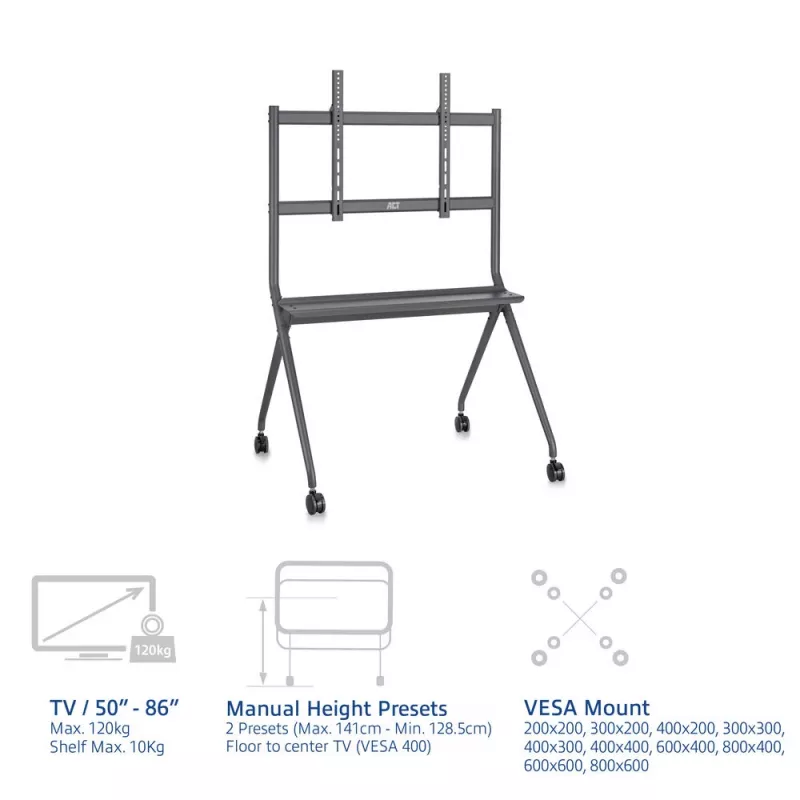 Soporte de suelo móvil ACT para TV/monitor, 50 inch a 86 inch, VESA, 127 cm (50 inch), 2,18 m (86 inch), 200 x 200 mm, 800 x 600 mm, aluminio, plástico, acero, gris