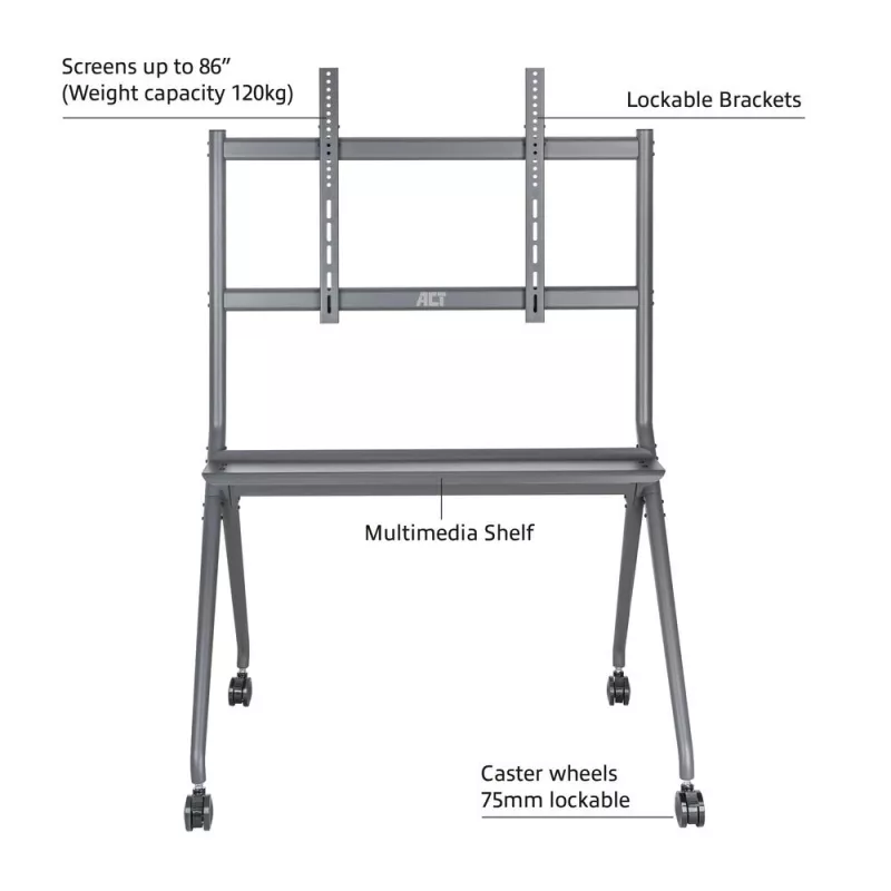 Soporte de suelo móvil ACT para TV/monitor, 50 inch a 86 inch, VESA, 127 cm (50 inch), 2,18 m (86 inch), 200 x 200 mm, 800 x 600 mm, aluminio, plástico, acero, gris