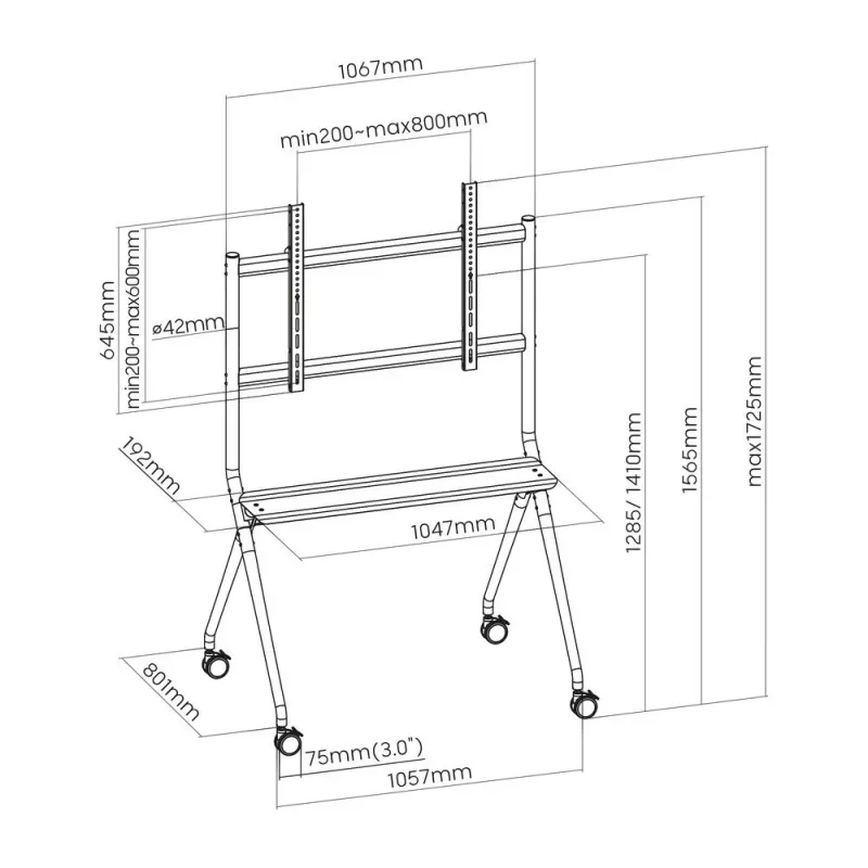 Soporte de suelo móvil ACT para TV/monitor, 50 inch a 86 inch, VESA, 127 cm (50 inch), 2,18 m (86 inch), 200 x 200 mm, 800 x 600 mm, aluminio, plástico, acero, gris