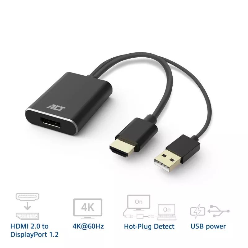 Adaptador de cable de vídeo ACT AC7536 0,24 m HDMI + USB DisplayPort negro