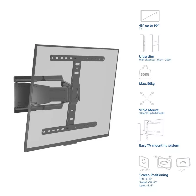 Soporte de pared para TV con movimiento completo ACT AC8357 para pantallas de 43 inch a 90 inch, VESA 100x200 – 600x400, inclinación -15° – 3°, giro ±30°, carga máx. 50 kg, ultraplano