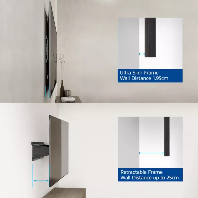 Soporte de pared para TV con movimiento completo ACT AC8357 para pantallas de 43 inch a 90 inch, VESA 100x200 – 600x400, inclinación -15° – 3°, giro ±30°, carga máx. 50 kg, ultraplano