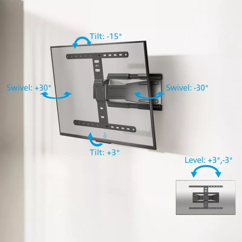 Soporte de pared para TV con movimiento completo ACT AC8357 para pantallas de 43 inch a 90 inch, VESA 100x200 – 600x400, inclinación -15° – 3°, giro ±30°, carga máx. 50 kg, ultraplano
