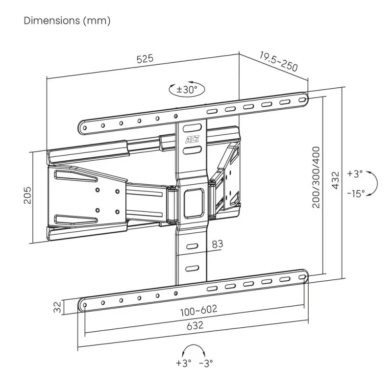 Soporte de pared para TV con movimiento completo ACT AC8357 para pantallas de 43 inch a 90 inch, VESA 100x200 – 600x400, inclinación -15° – 3°, giro ±30°, carga máx. 50 kg, ultraplano