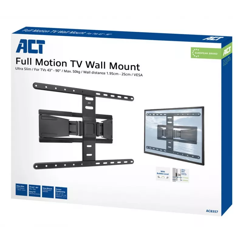 Soporte de pared para TV con movimiento completo ACT AC8357 para pantallas de 43 inch a 90 inch, VESA 100x200 – 600x400, inclinación -15° – 3°, giro ±30°, carga máx. 50 kg, ultraplano