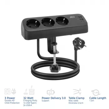 Regleta de enchufes de escritorio ACT con 3 tomas Type-F, 30W Power Delivery, conexiones USB Type-C/A, longitud de cable 1,5 metros
