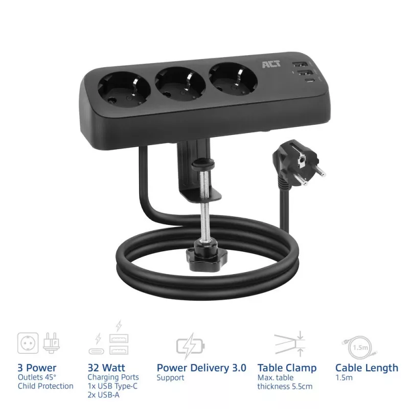 Regleta de enchufes de escritorio ACT con 3 tomas Type-F, 30W Power Delivery, conexiones USB Type-C/A, longitud de cable 1,5 metros