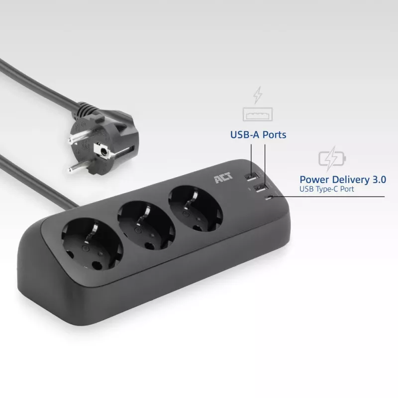 Regleta de enchufes de escritorio ACT con 3 tomas Type-F, 30W Power Delivery, conexiones USB Type-C/A, longitud de cable 1,5 metros