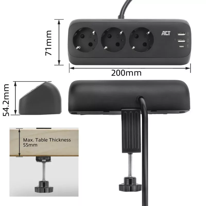Regleta de enchufes de escritorio ACT con 3 tomas Type-F, 30W Power Delivery, conexiones USB Type-C/A, longitud de cable 1,5 metros