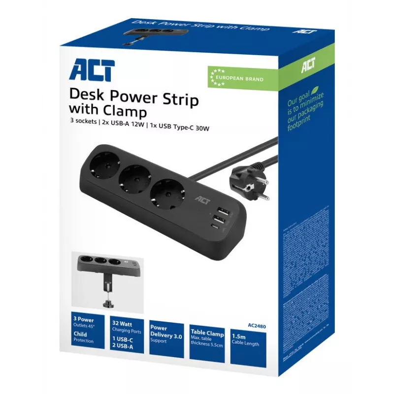 Regleta de enchufes de escritorio ACT con 3 tomas Type-F, 30W Power Delivery, conexiones USB Type-C/A, longitud de cable 1,5 metros