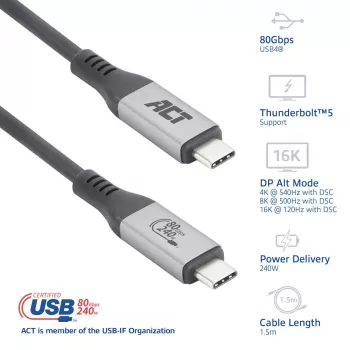 Cable ACT USB4 80Gbps Thunderbolt 5 240W USB Type-C, certificado USB-IF, 1,5 metros