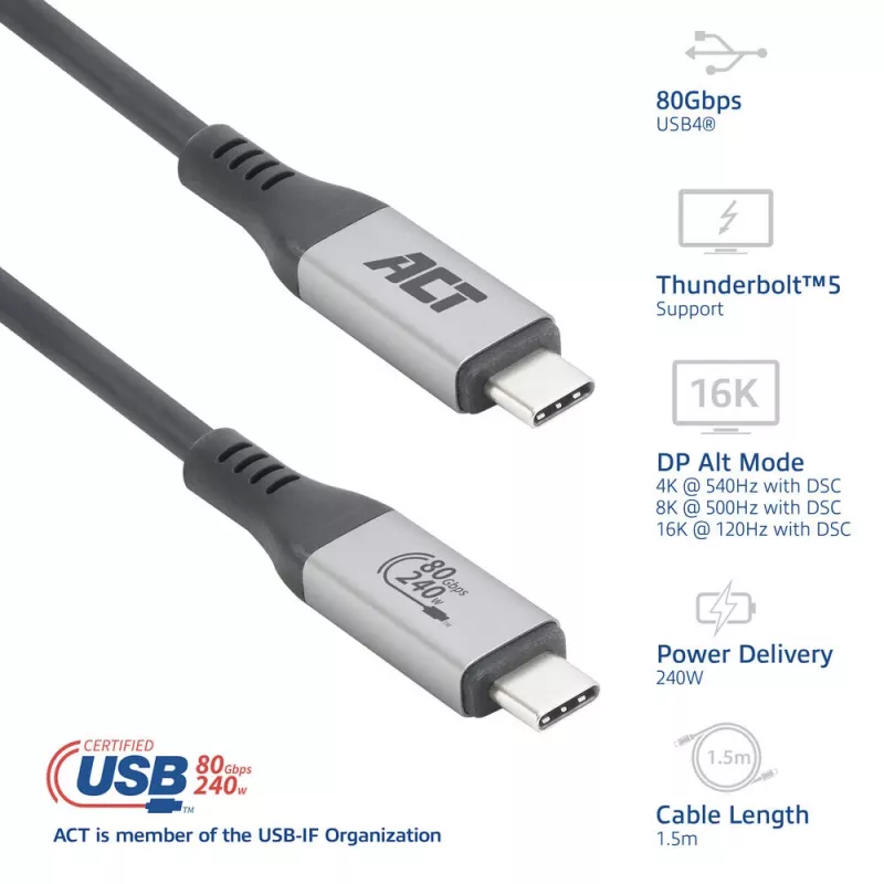 Cable ACT USB4 80Gbps Thunderbolt 5 240W USB Type-C, certificado USB-IF, 1,5 metros