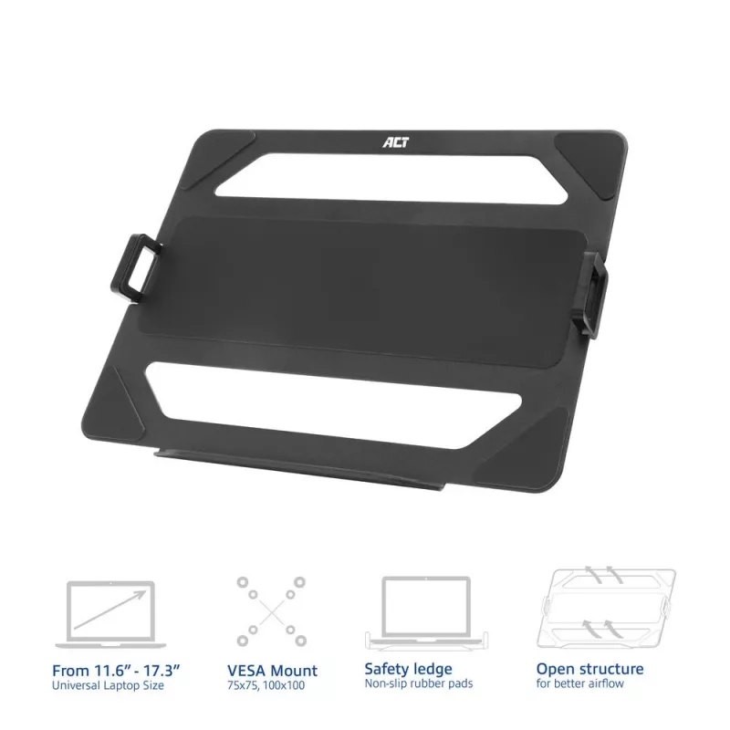 Bandeja universal para portátil ACT para brazos de monitor, negro, acero, 29,5 cm (11,6 inch), 43,9 cm (17,3 inch), 9 kg, 75 x 75 mm