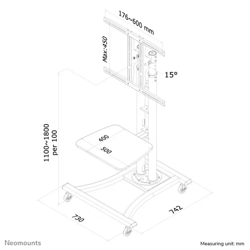 Neomounts PLASMA-M1800E soporte móvil para TV 27-70 pulgadas, plata, soporte de suelo portátil, acero, 50 kg, 68,6 cm (27 pulgadas), 177,8 cm (70 pulgadas)