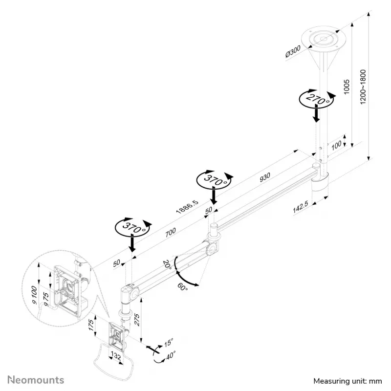 Soporte de techo Neomounts FPMA-HAC100HC capacidad máxima 12 kg tamaño de pantalla 10 a 32 pulgadas