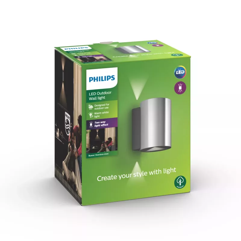 Philips myGarden Buxus Aplique de pared 4,5 W, aplique de exterior, acero inoxidable, metal, IP44, terraza, jardín, I