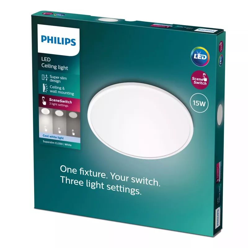 Lámpara de techo Philips Functional Super fina 15 W LED, redonda, 250 mm, 220–240 V, blanca