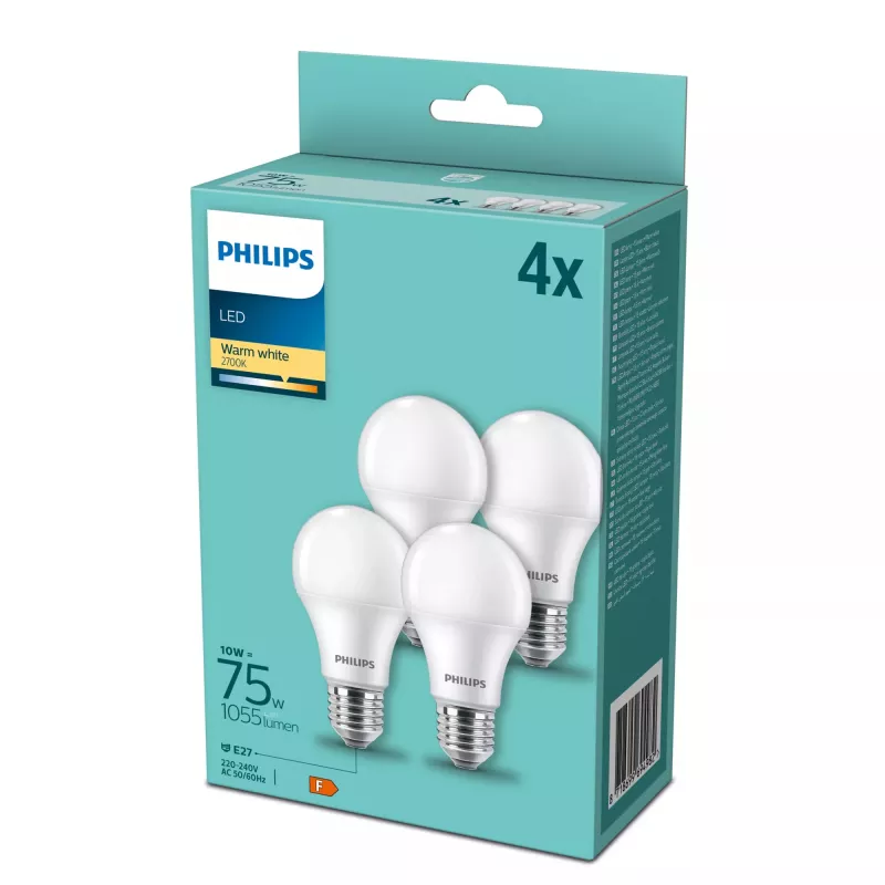 Philips lámpara LED E27 paquete de 4, 10 W (equivalente a 75 W), 2700 K
