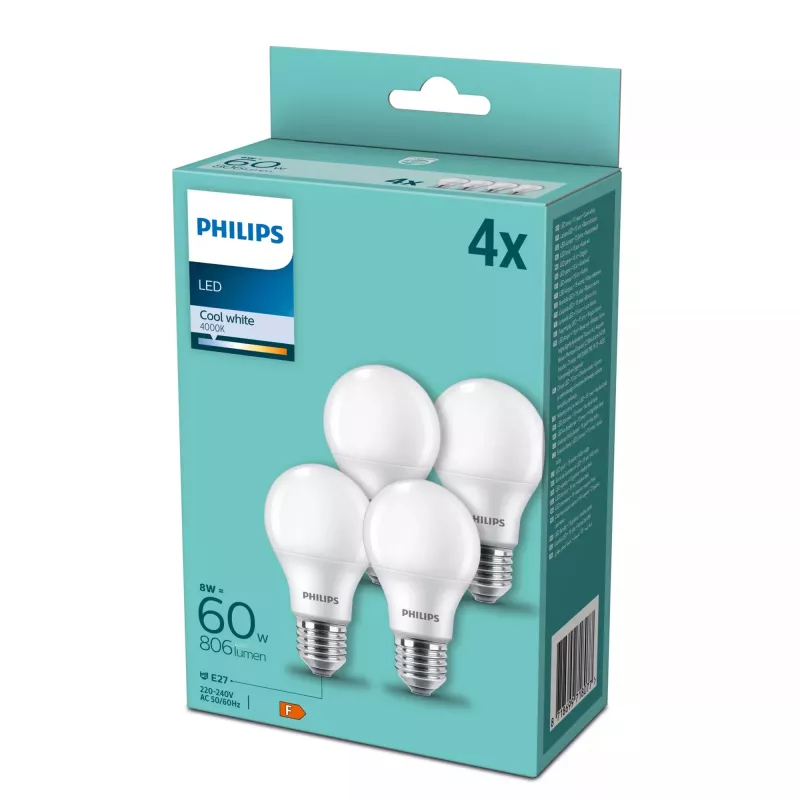 Lámpara LED Philips E27 60W 4000K, pack de 4 — casquillo E27, 4000K blanco neutro