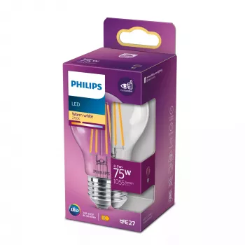 Philips Filament Lámpara transparente 75W A60 E27 8,5W blanco cálido 1055lm