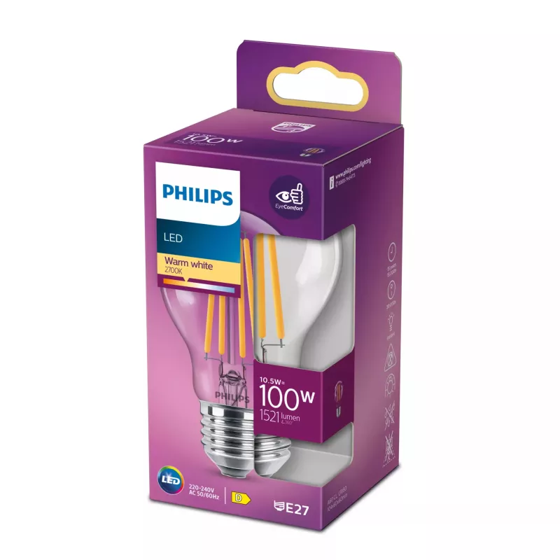 Philips Filament Bulb Clear 100W A60 E27 10,5W blanco cálido 1521lm