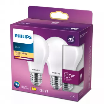 Philips Filament Bombilla mate 100W A60 E27 x2, 10,5 W, 100 W, E27, 1521 lm, 15000 h, blanco cálido
