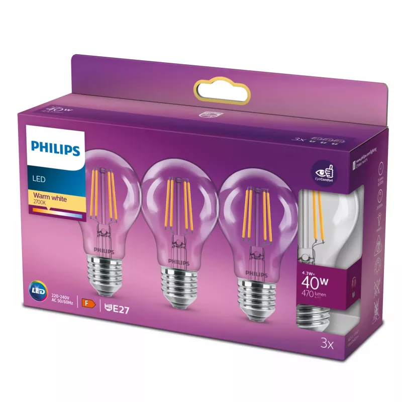 Philips Filament Bulb Clear 40W A60 E27 x3, 4,3 W, 40 W, E27, 470 lm, 15000 h, blanco cálido