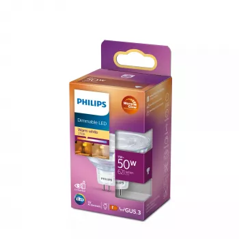 Bombilla de foco Philips MR16 GU5.3 7W (equivale a 50W), 621 lm, 2200K blanco cálido, ángulo de apertura 36°, CRI 80, 15000 h