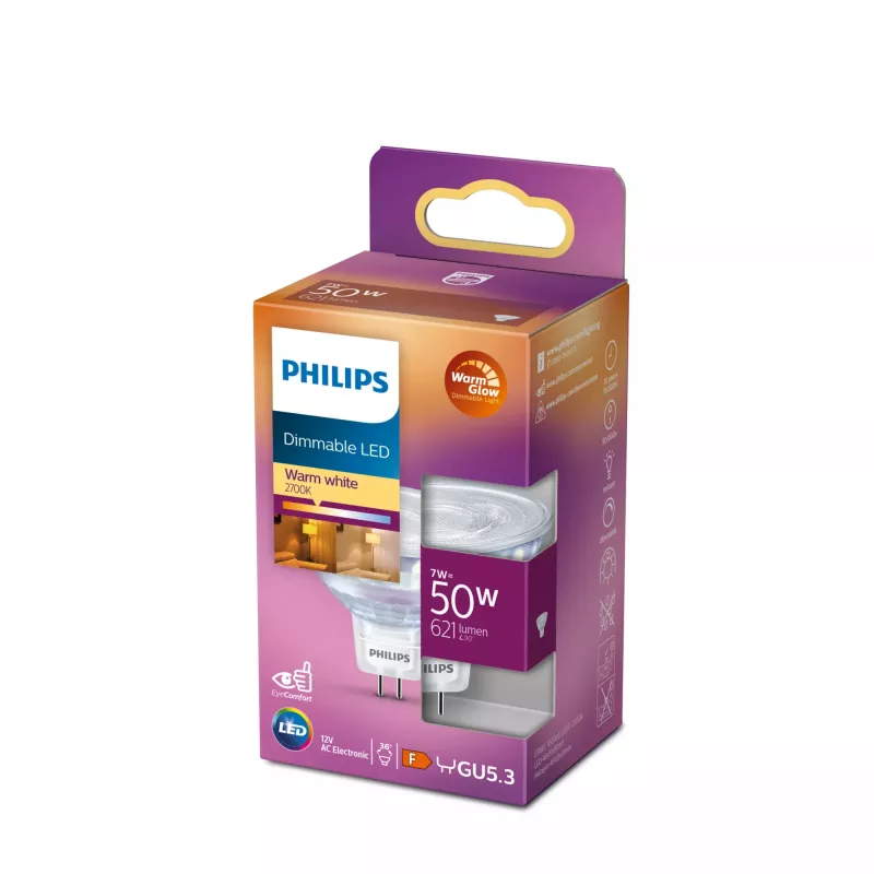 Bombilla de foco Philips MR16 GU5.3 7W (equivale a 50W), 621 lm, 2200K blanco cálido, ángulo de apertura 36°, CRI 80, 15000 h
