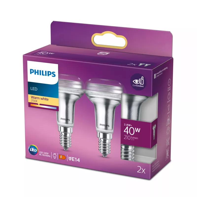 Philips Reflector 40W R50 E14 x2, 2,8 W, 40 W, E14, 210 lm, 15000 h, blanco cálido
