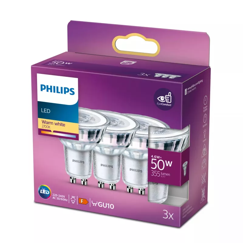 Philips LED Spot PAR16 GU10 4,6 W 355 lm 2700 K blanco cálido pack de 3