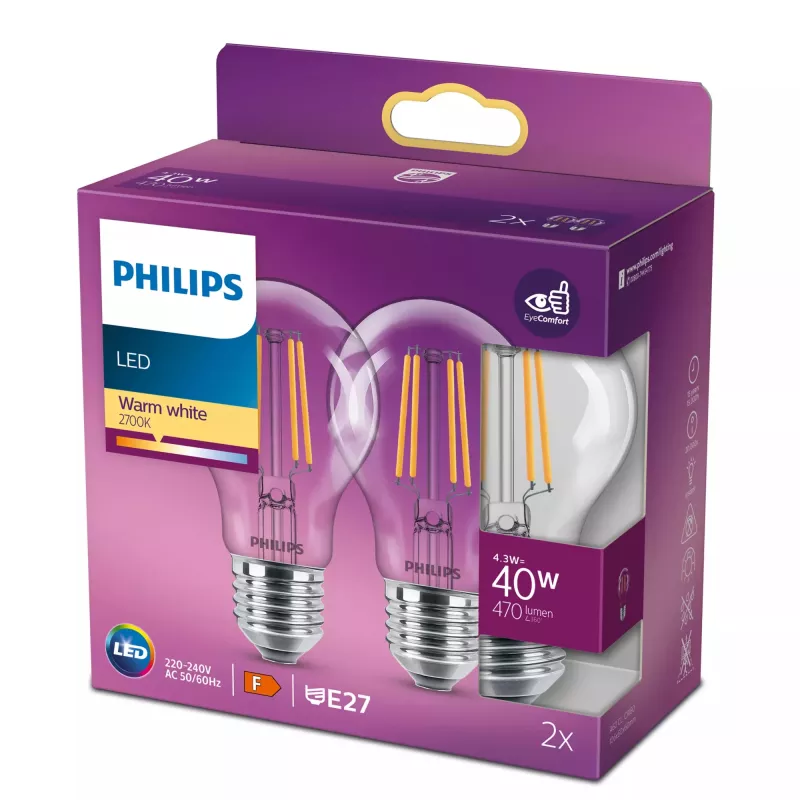 Philips Filament Bulb Clear 40W A60 E27 pack de 2, 4,3 W, 40 W, E27, 470 lm, 15000 h, blanco cálido