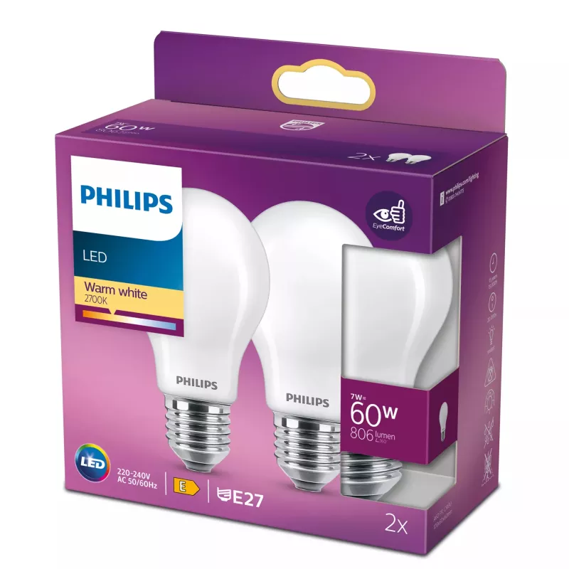 Bombilla LED filamento Philips A60 E27 7W (equiv. 60W), 2700K, 806 lm, mate – pack de 2