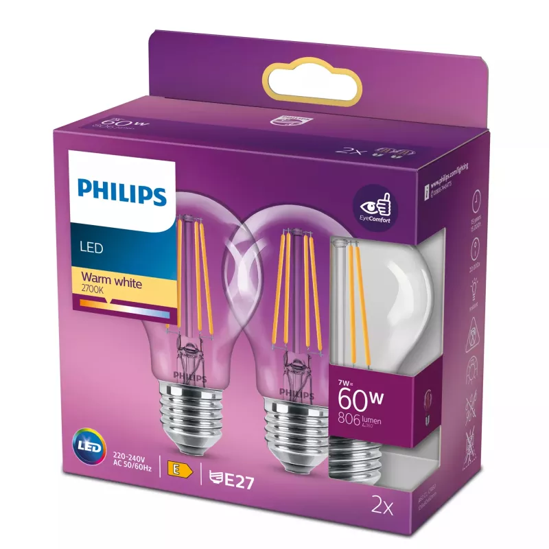 Bombilla LED filamento Philips A60 7W (equiv. 60W) E27 transparente 2700K pack de 2