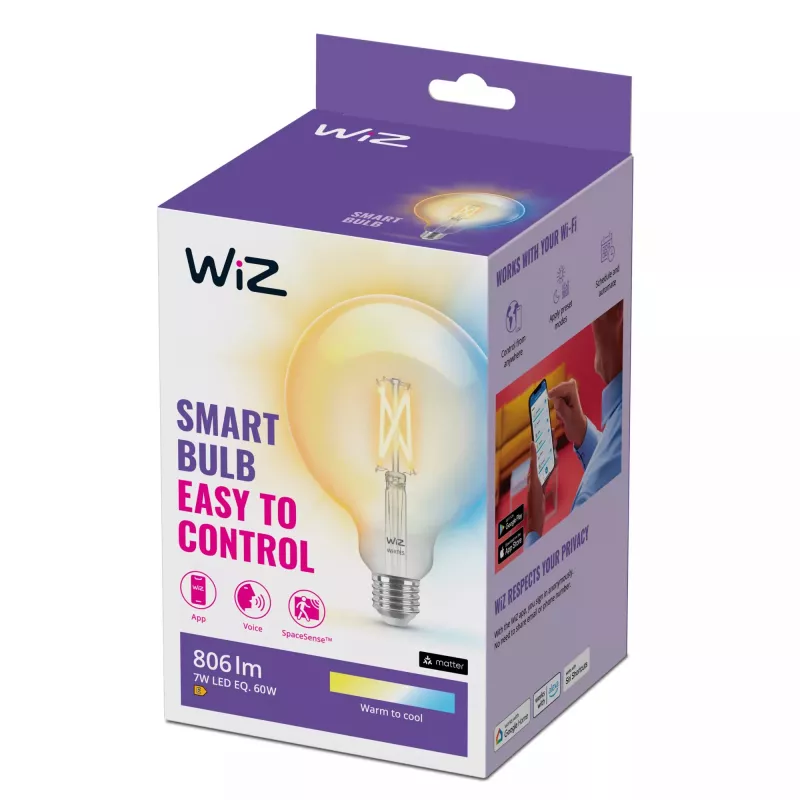WiZ Filament Bulb Clear 60 W G125 E27, bombilla inteligente, Wi-Fi/Bluetooth, transparente, Wi-Fi 4 (802.11n), 802.11b, 802.11g, LED, E27