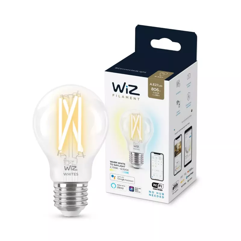 Bombilla LED filamento inteligente WiZ A60 E27 7W (806 lm) transparente, 220–240V