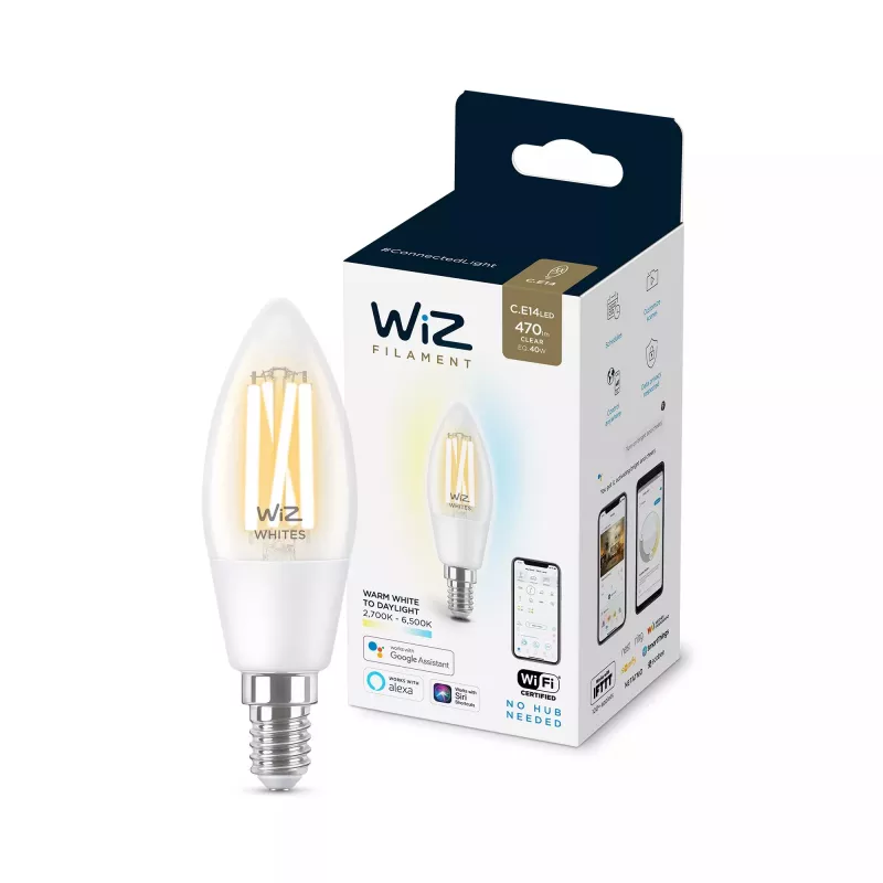 Bombilla inteligente WiZ Filament Candle transparente 4,9 W C35 E14 Wi-Fi blanco