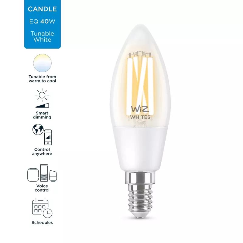 Bombilla inteligente WiZ Filament Candle transparente 4,9 W C35 E14 Wi-Fi blanco