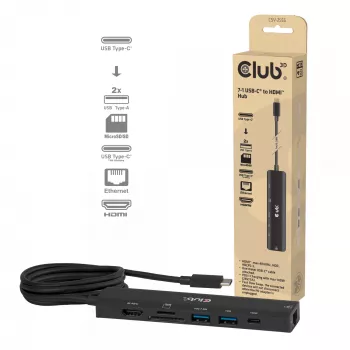 Hub USB-C a HDMI CLUB3D 7-1 — con cable, Gigabit Ethernet, negro, 136×34×94,5 mm