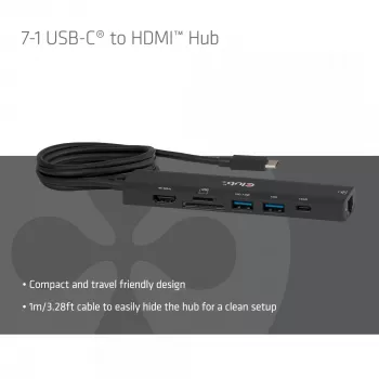 Hub USB-C a HDMI CLUB3D 7-1 — con cable, Gigabit Ethernet, negro, 136×34×94,5 mm