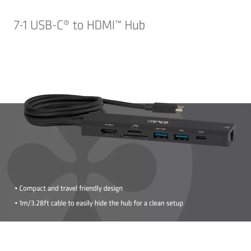 Hub USB-C a HDMI CLUB3D 7-1 — con cable, Gigabit Ethernet, negro, 136×34×94,5 mm
