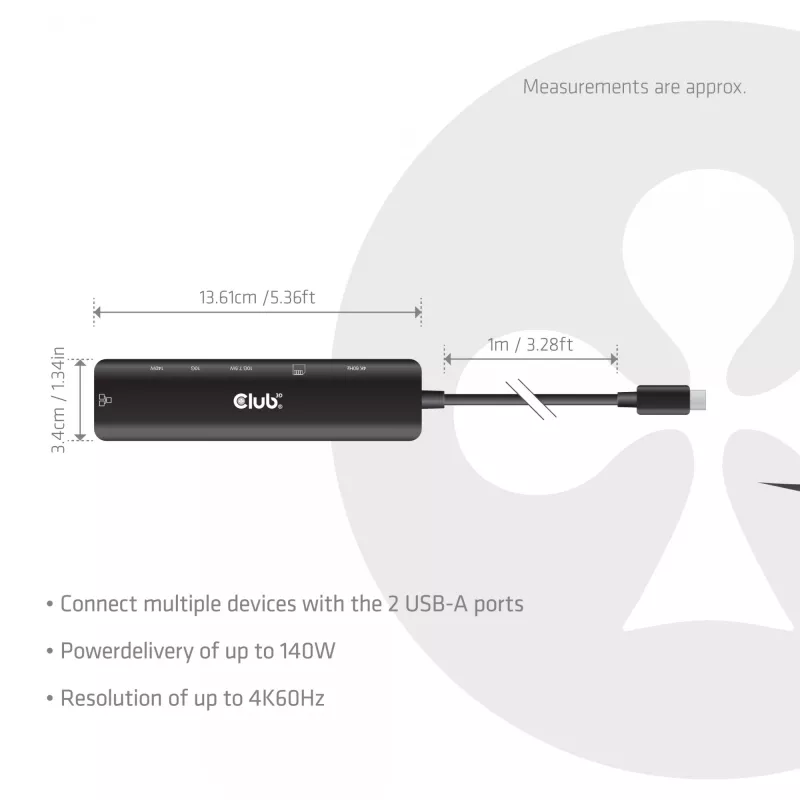 Hub USB-C a HDMI CLUB3D 7-1 — con cable, Gigabit Ethernet, negro, 136×34×94,5 mm