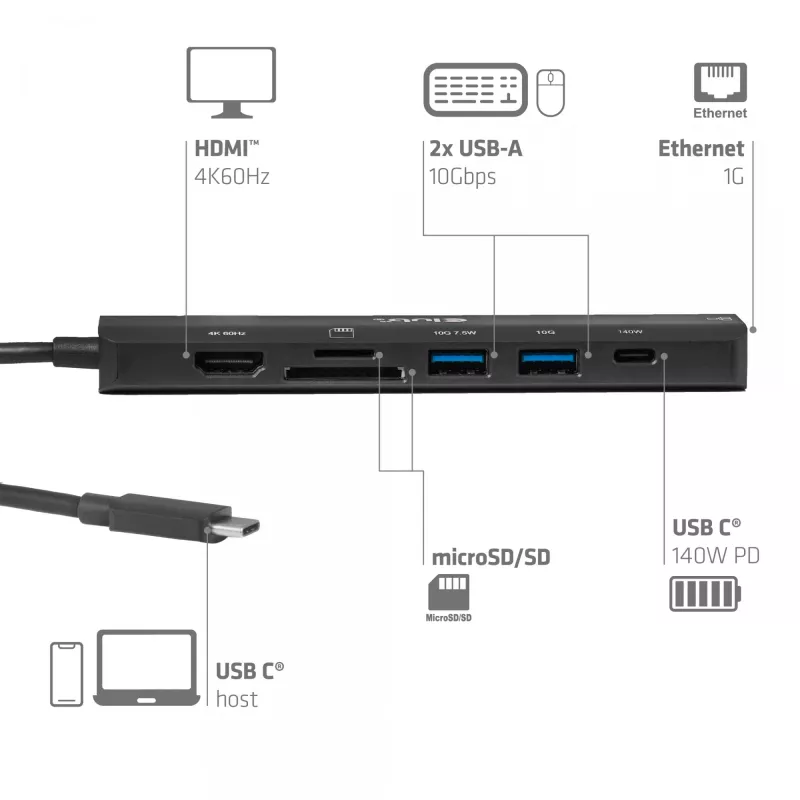 Hub USB-C a HDMI CLUB3D 7-1 — con cable, Gigabit Ethernet, negro, 136×34×94,5 mm
