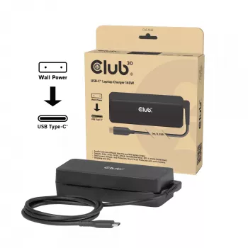 Cargador para portátil USB-C CLUB 3D 140W, alimentación de red, compatibilidad universal, cable de 1 m, negro