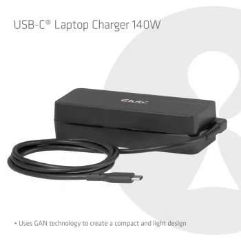 Cargador para portátil USB-C CLUB 3D 140W, alimentación de red, compatibilidad universal, cable de 1 m, negro