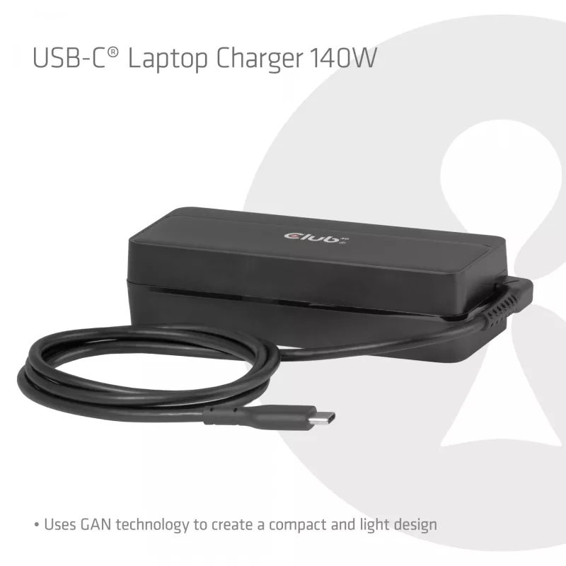 Cargador para portátil USB-C CLUB 3D 140W, alimentación de red, compatibilidad universal, cable de 1 m, negro