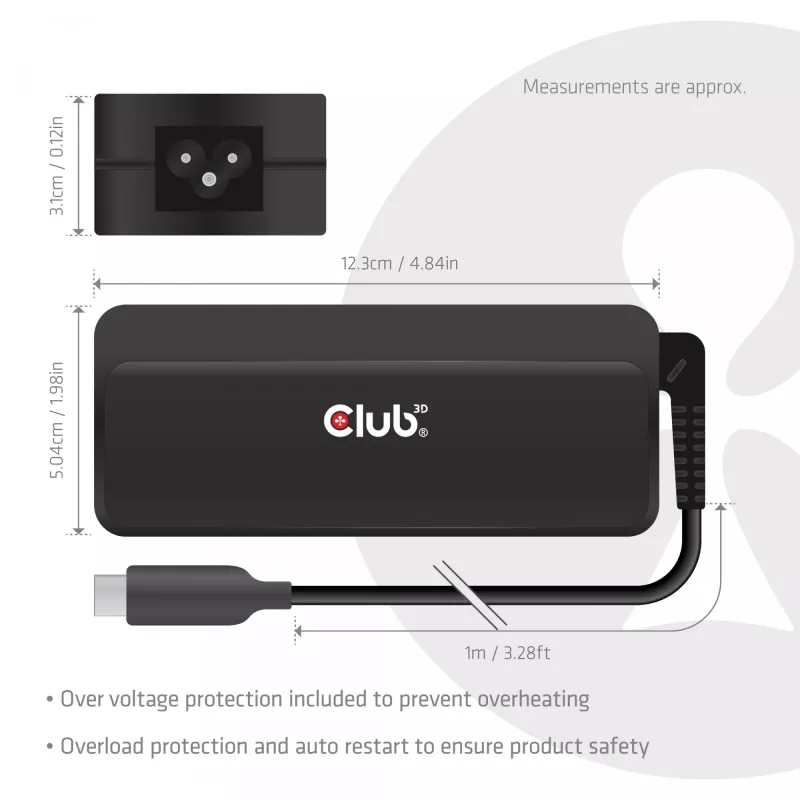 Cargador para portátil USB-C CLUB 3D 140W, alimentación de red, compatibilidad universal, cable de 1 m, negro