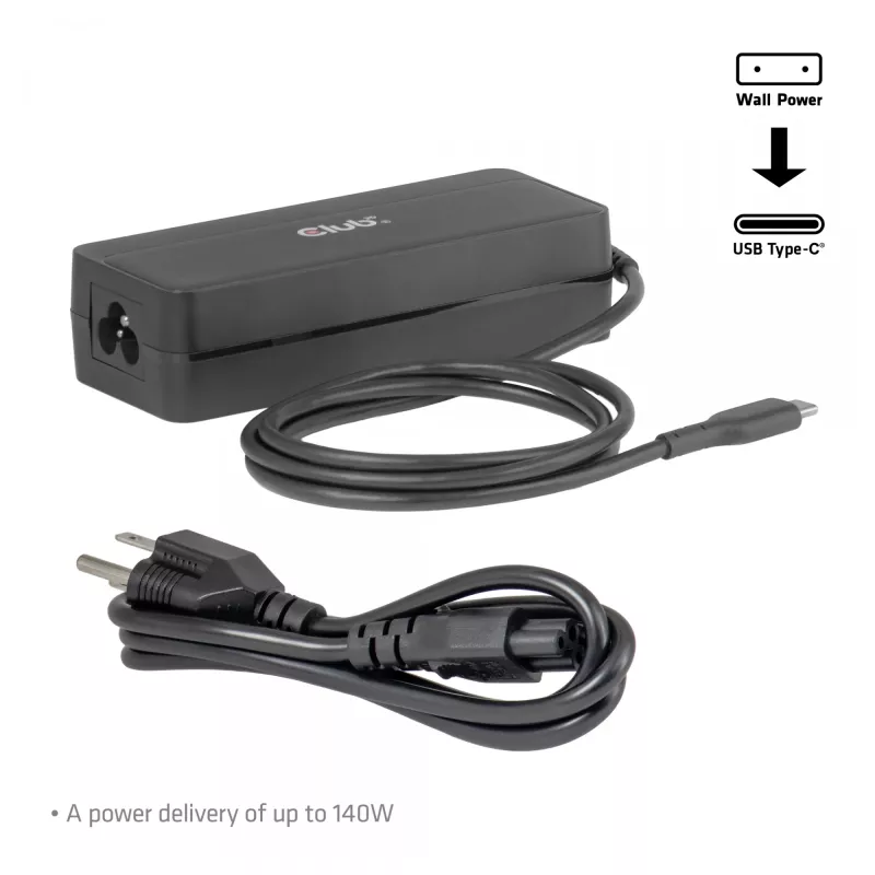 Cargador para portátil USB-C CLUB 3D 140W, alimentación de red, compatibilidad universal, cable de 1 m, negro