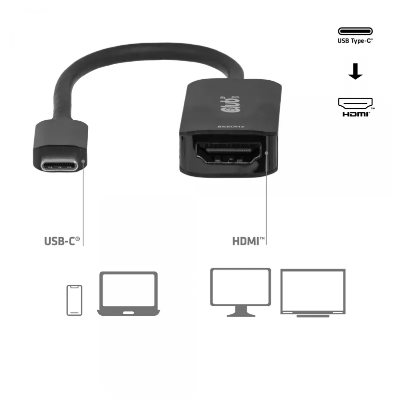 Adaptador USB-C a HDMI 2.1 Club 3D CAC-2505 — 8K@60Hz, USB Type-C a HDMI + USB, 0,12 m